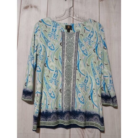 JM Collection Shirt Ladies Small Green Navy Paisley 3/4 Sleeve‎ - Picture 1 of 7